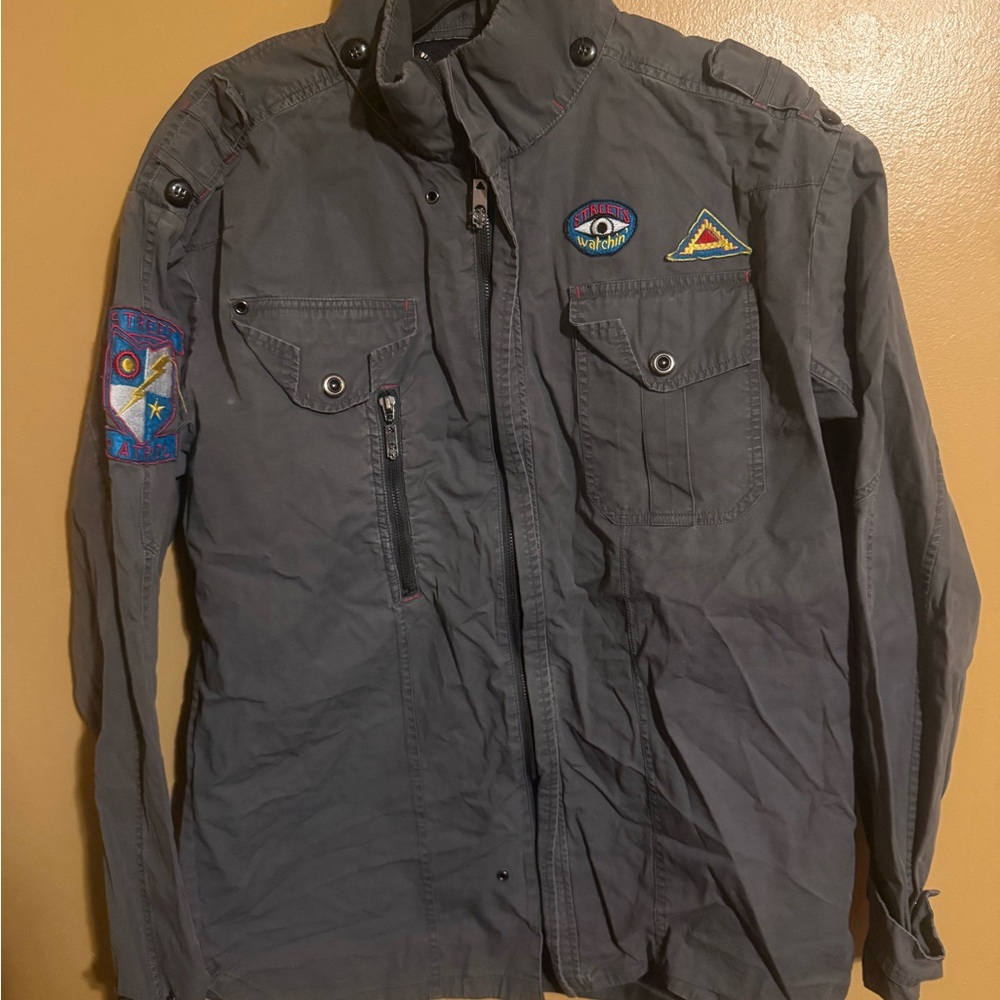 Songs of Freedom men Charcoal  Military Field Jacket with Patches large